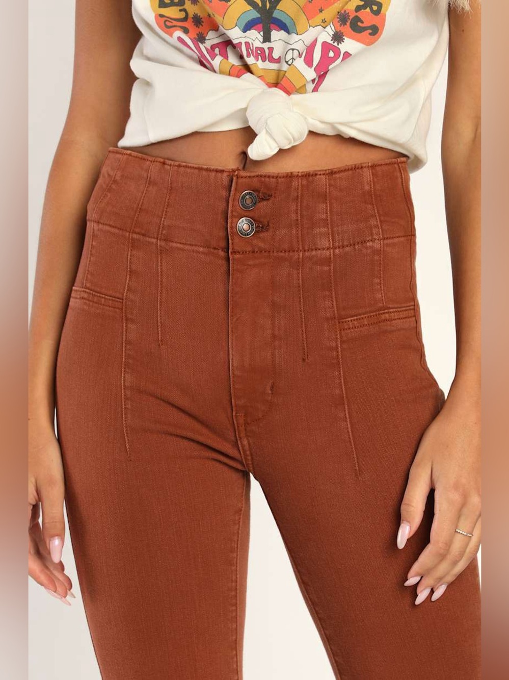 Free People We The Free Jayde High Rise Flare Jeans 29 Rust Orange Boho Hippie - Picture 3 of 12